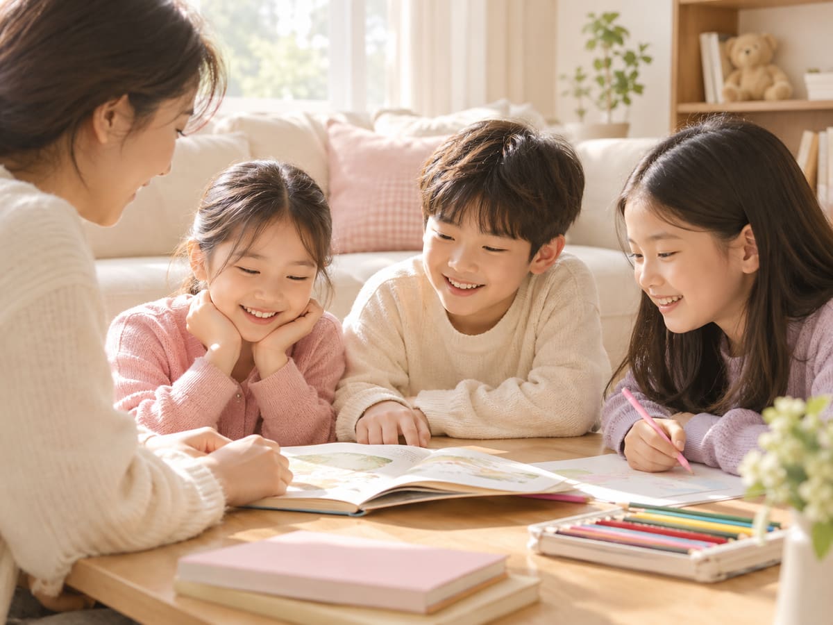 그룹홈 아이들이 돌봄 교사와 함께 그림책을 보며 웃는 모습