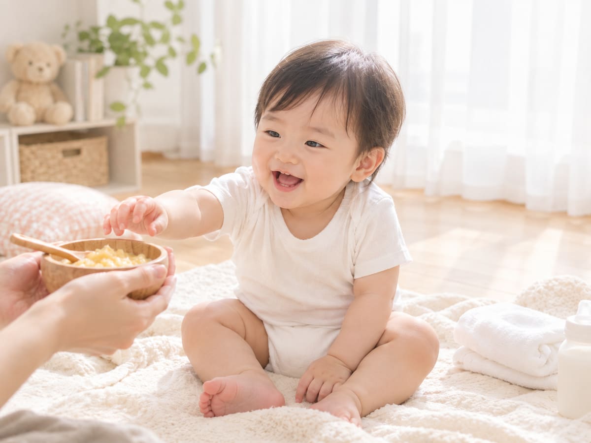 아기가 활짝 웃으며 이유식을 받아먹는 모습